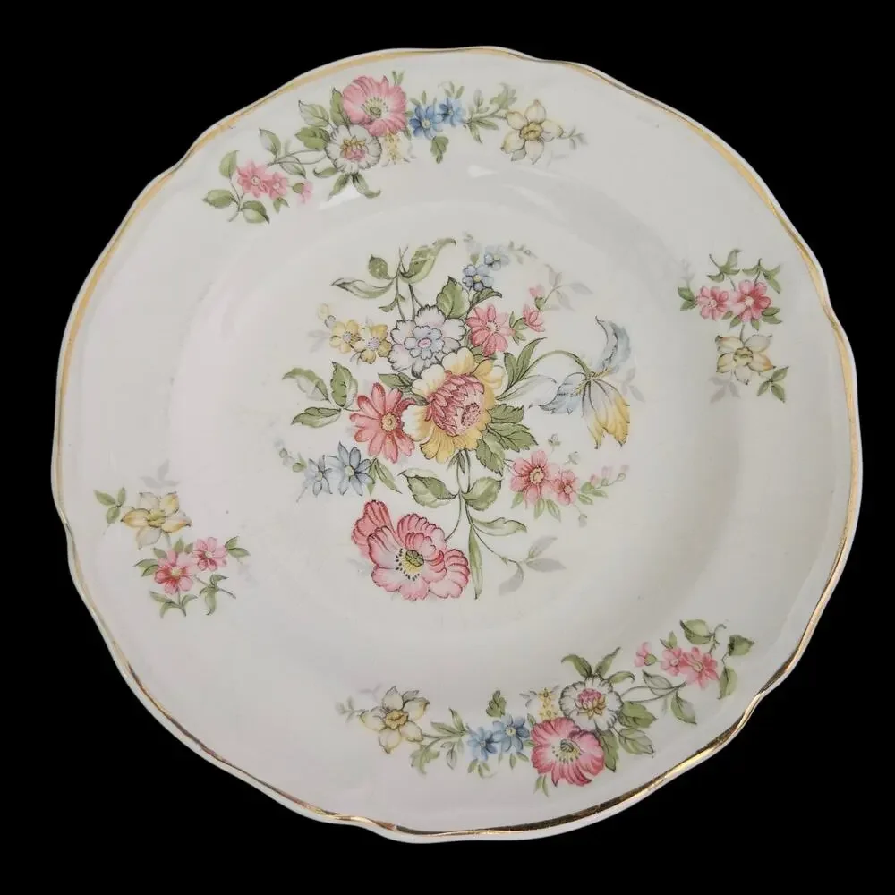 Edwin M Knowles Floral Bread Plates Set of 2 Gold Trim Vintage